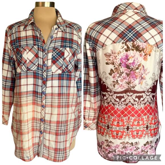 Aratta Silent Journey Mixed Print Flannel Chiffon Button Up Shirt Boho Size MED - Picture 1 of 15